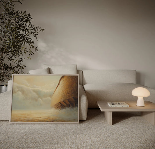 Framed close-up painting of Noah's Ark massive wooden hull with rising floodwaters displayed in a neutral minimalist living room