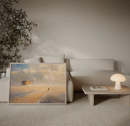 Framed painting of Noah standing before the Ark as massive floodwaters rise, displayed in a neutral minimalist living room