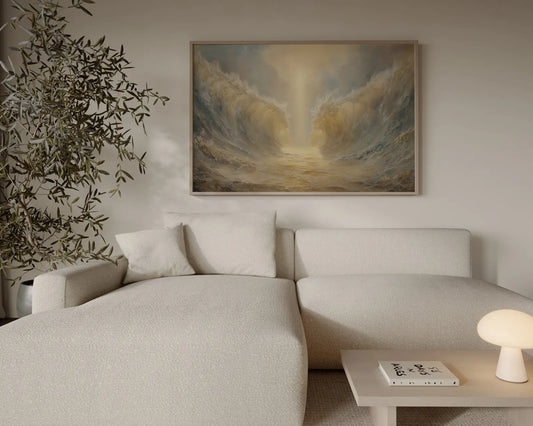Biblical Exodus miracle art print with golden light and parted sea – JesusArtworks