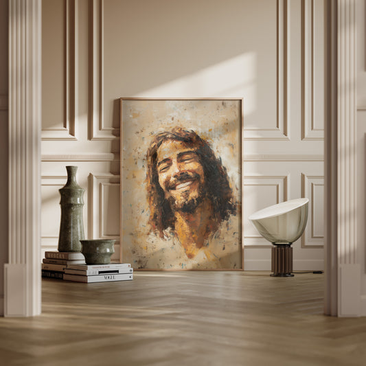 Impressionist Christian painting of a smiling Jesus, featuring loose brushwork, textured paint, and a radiant, joyful expression.