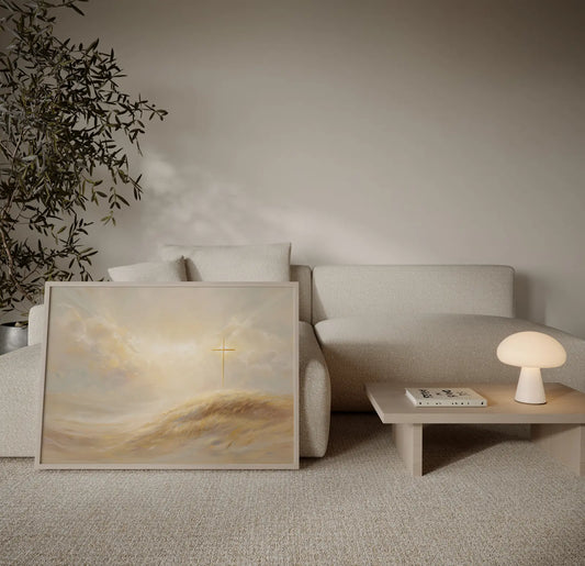 Ethereal cross art with heavenly beams and soft clouds representing God's eternal promise - modern christian home