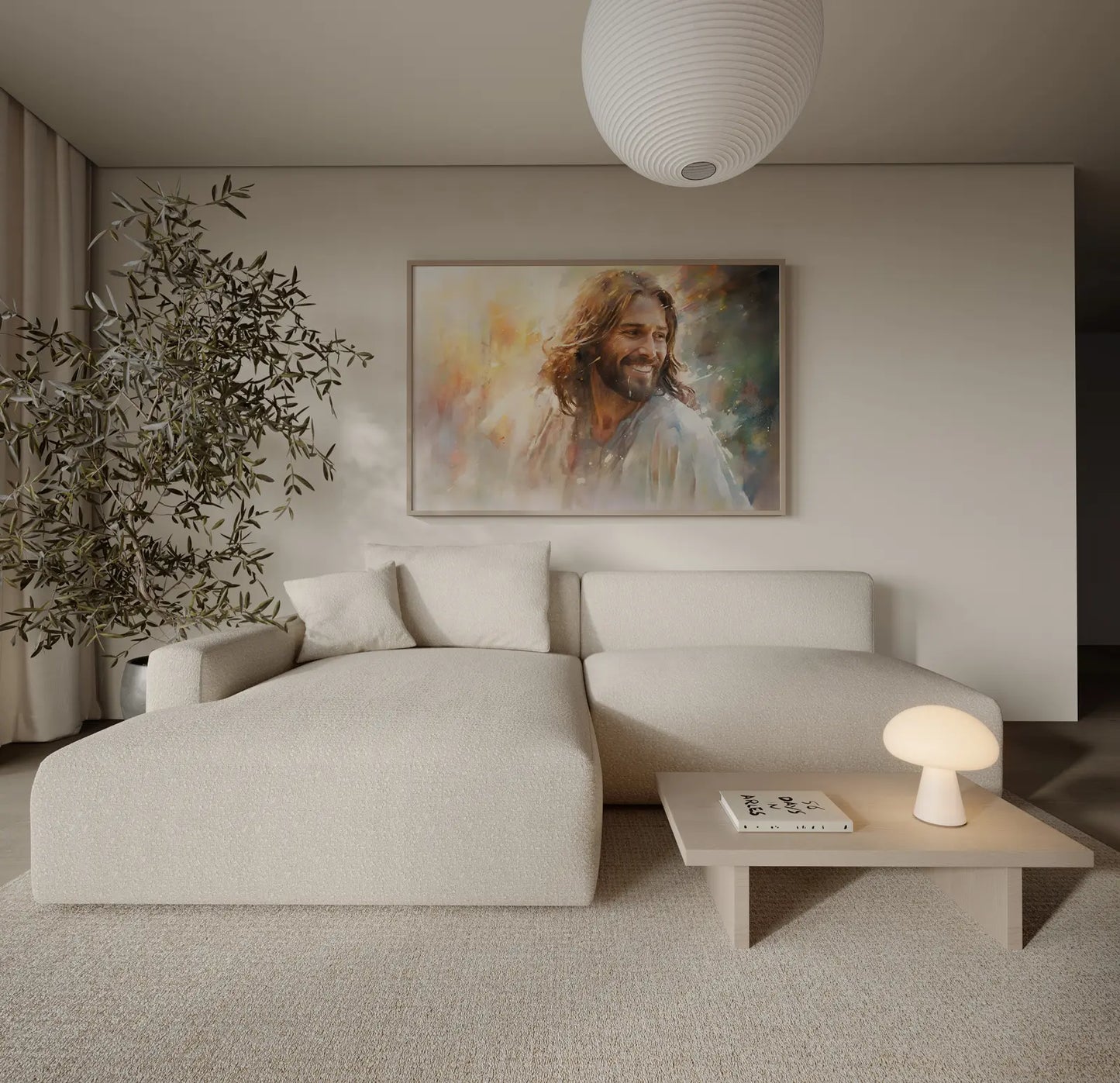 Horizontal Jesus art print hanging above a beige sofa, modern religious home decor