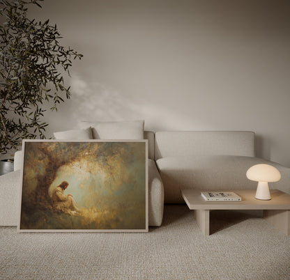 Jesus praying under a large tree in a peaceful, tonal Christian painting, with soft, expressive brushstrokes and warm, golden light.