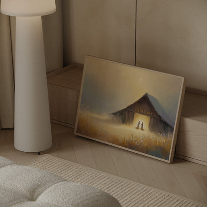 Contemporary Christian artwork depicting baby Jesus in the barn with Mary and Joseph, impressionist brushwork, soft tonal colors, and heavenly glow.