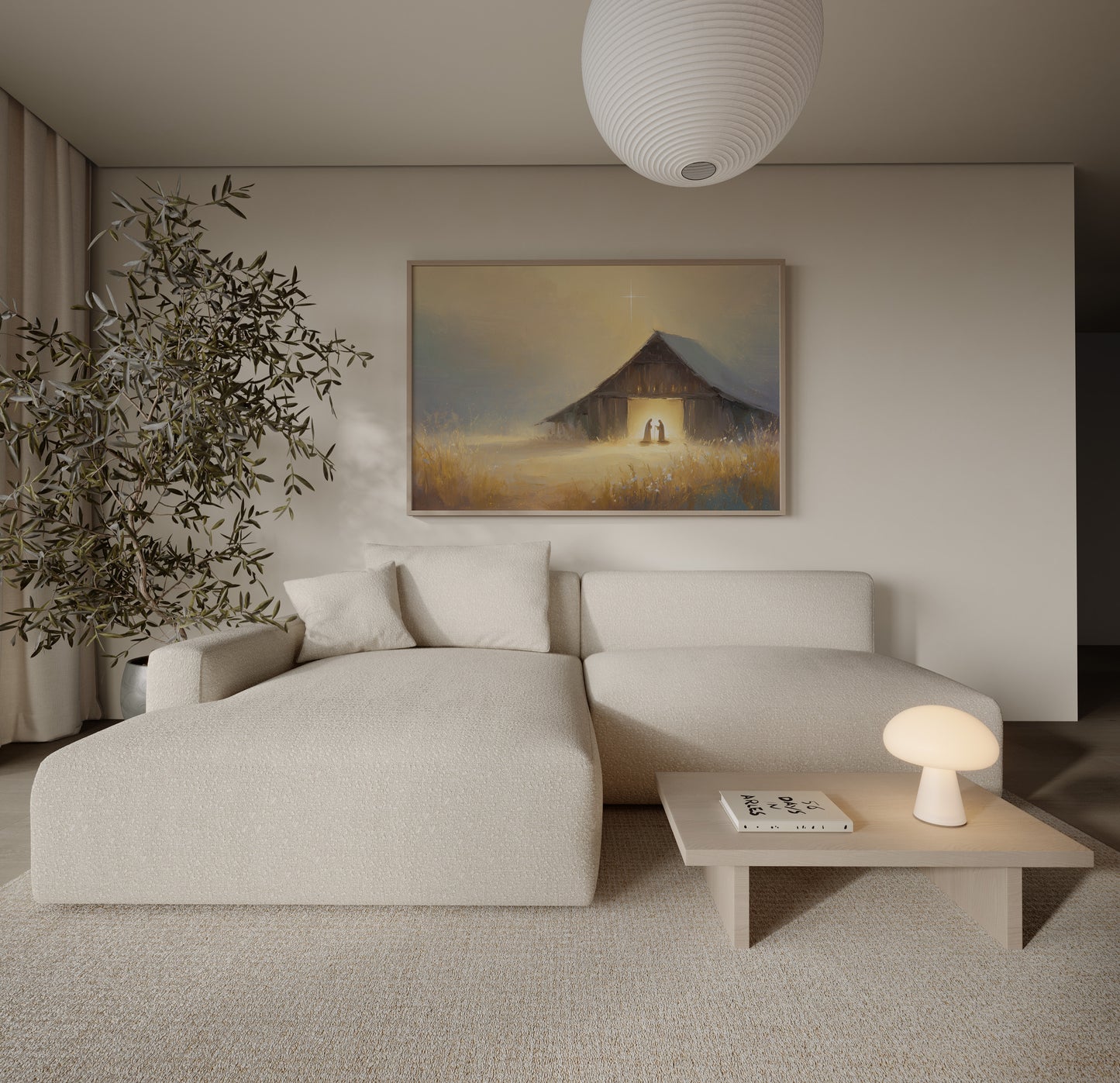 Modern impressionist depiction of the Holy Nativity with baby Jesus, Mary, and Joseph in a barn, soft glowing light, and tonal warm neutral palette.