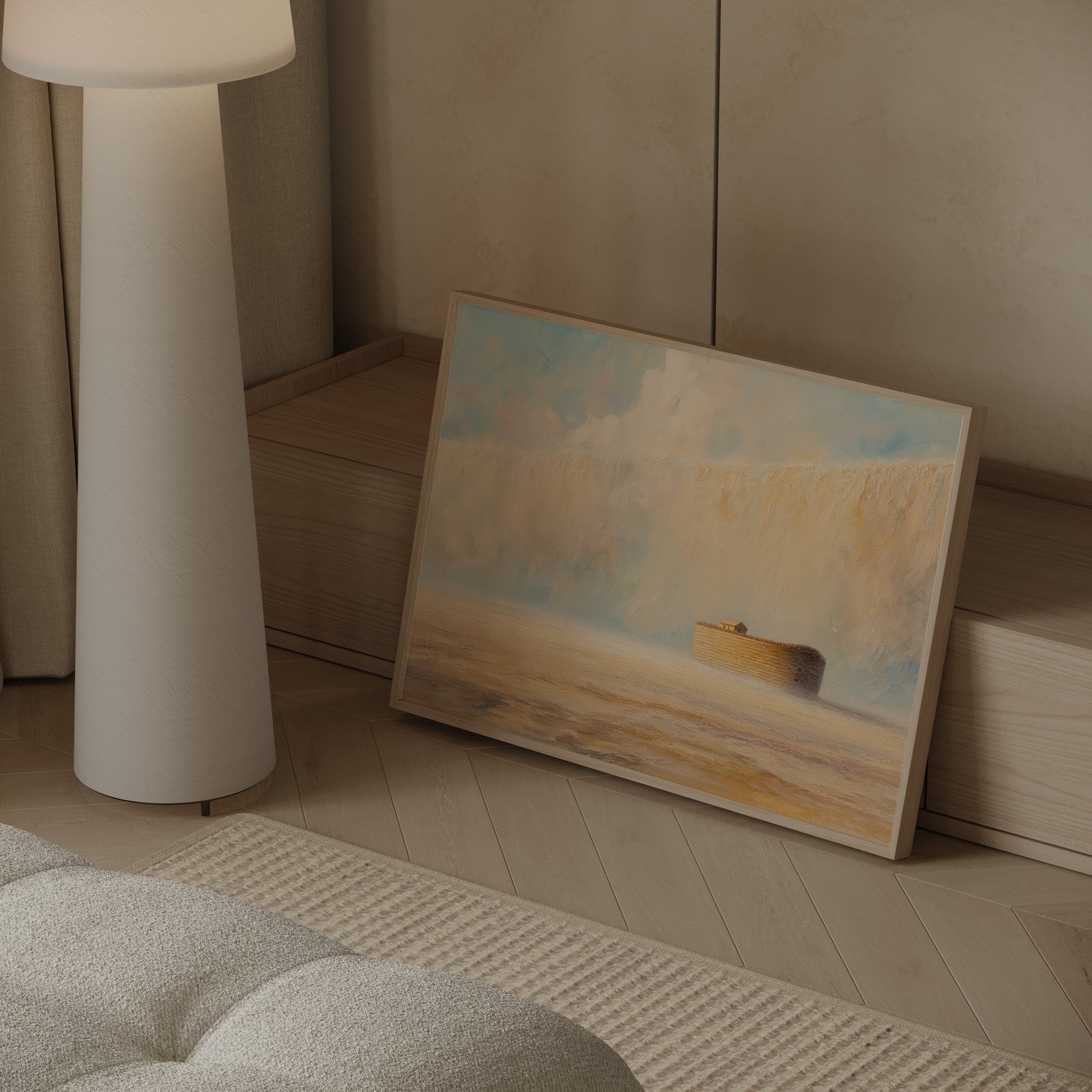 Noah's Ark biblical art print with soft pastel tones styled in a contemporary Scandinavian living room setting