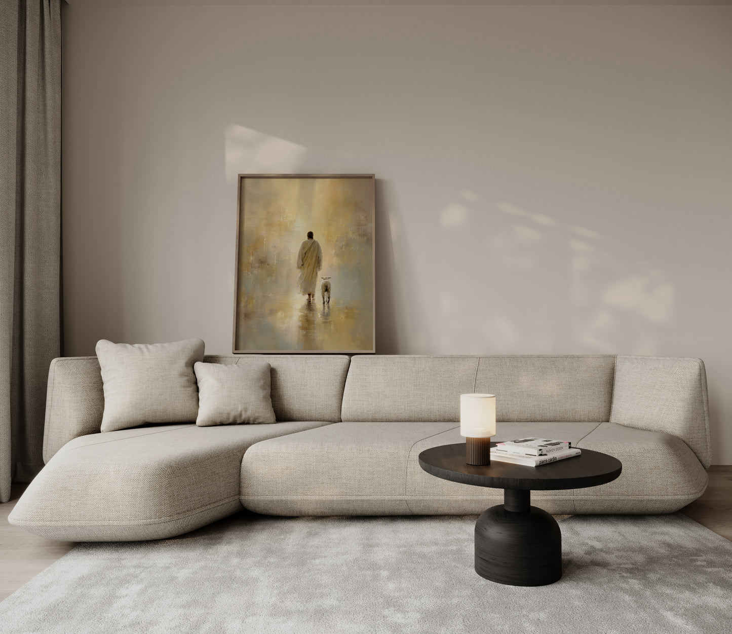 Modern faith-based decor featuring the parable of the lost sheep in a minimalist setting