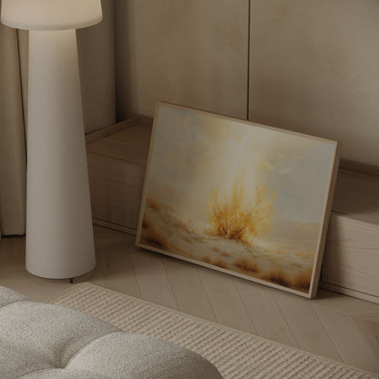 Ethereal Christian painting of Moses at the burning bush, featuring soft tonal palette, impressionist texture, and peaceful spiritual illumination.