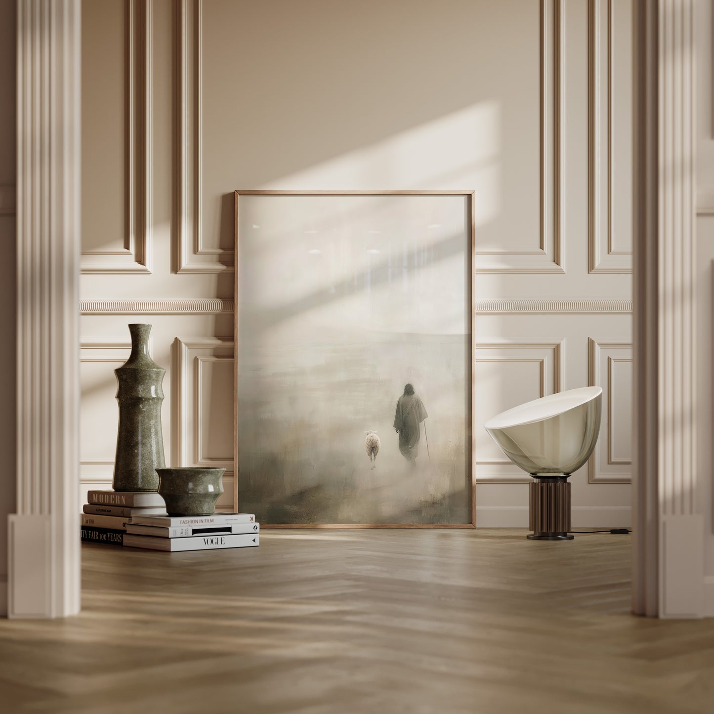 Modern Christian painting of Christ caring for a lamb while leaving the 99, with soft, ethereal lighting, neutral colors, and minimalist composition.