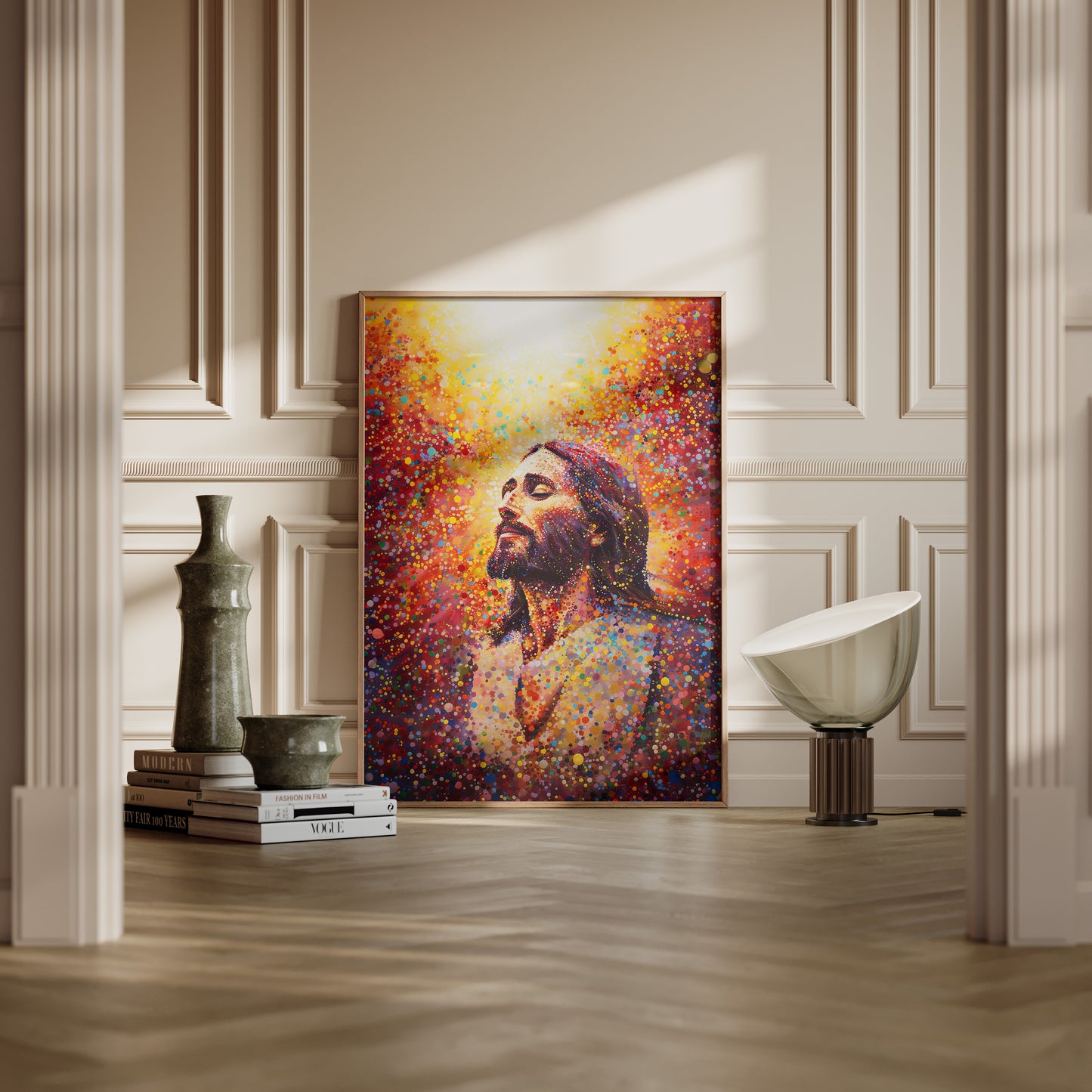 Joy of the Lord mosaic Jesus wall art in living room by JesusArtworks
