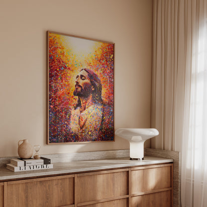 Contemporary spiritual icon of Christ painted with weathered textures, gentle lighting, and a quiet atmosphere inspired by classical and modern styles.