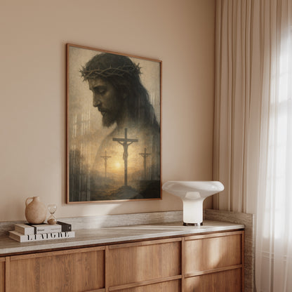 Impressionist Christian painting of the crucifixion of Christ, illuminated by soft golden light, with a spiritual, contemplative tone and textured brushstrokes.