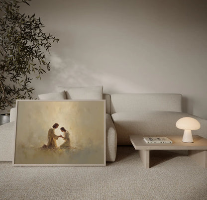 Horizontal Jesus art print in living room next to a large sofa, peaceful religious landscape decor