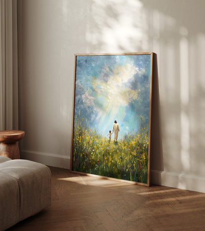 Modern sacred Christian painting of Christ walking hand in hand with a child, featuring expressive impasto texture and warm, ethereal colors.