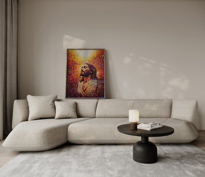 Modern religious artwork of Christ portrayed with a serene expression, soft blurred edges, and glowing light that symbolizes divinity and healing.