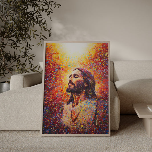 Modern spiritual portrait of Christ with a radiant inner glow, painted in a contemporary impressionist style with soft textures and a calm, reverent atmosphere.