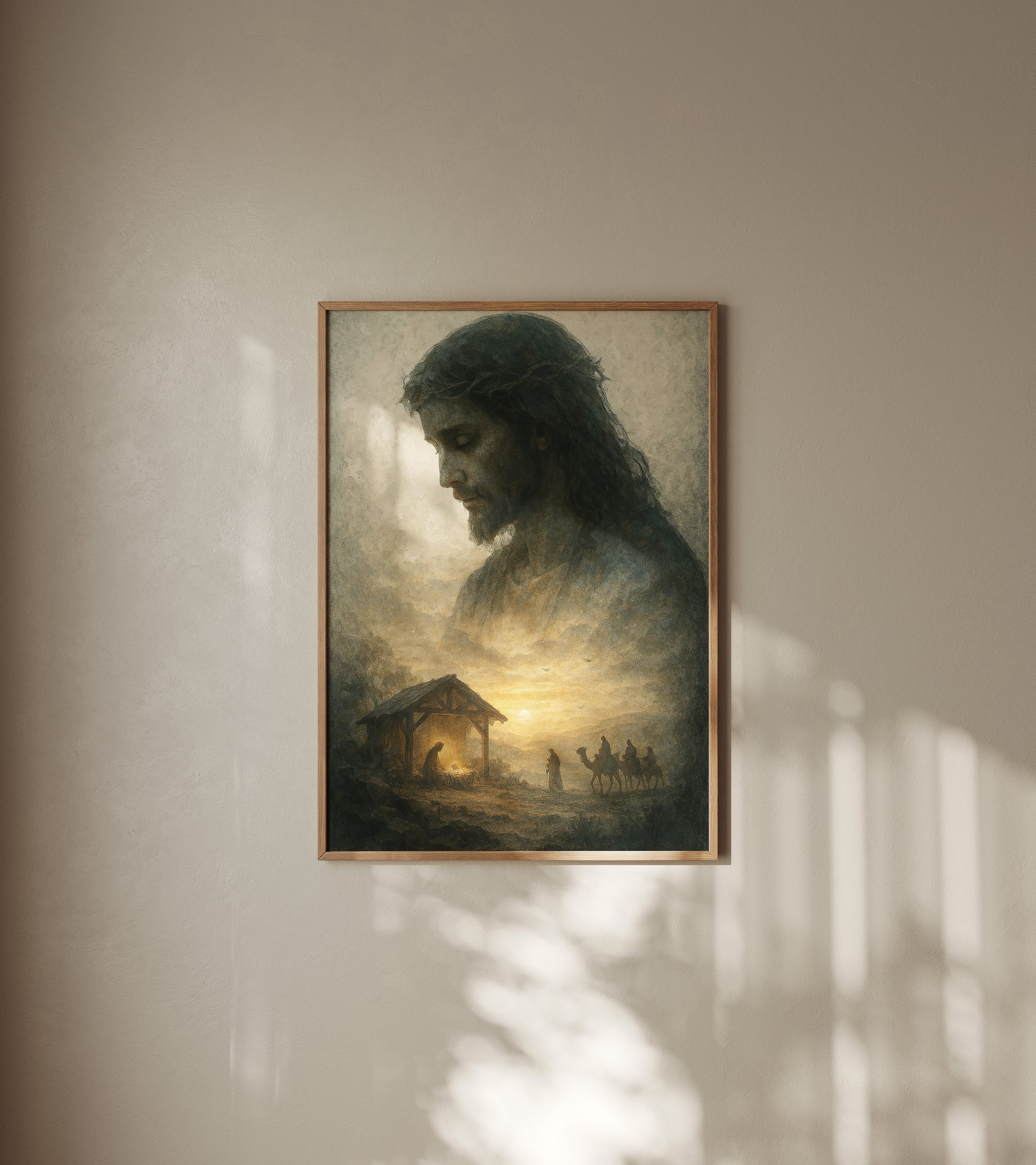 Contemporary impressionist Christian artwork of the nativity, with Jesus in the stable under the star over Bethlehem and a calm, spiritual atmosphere.