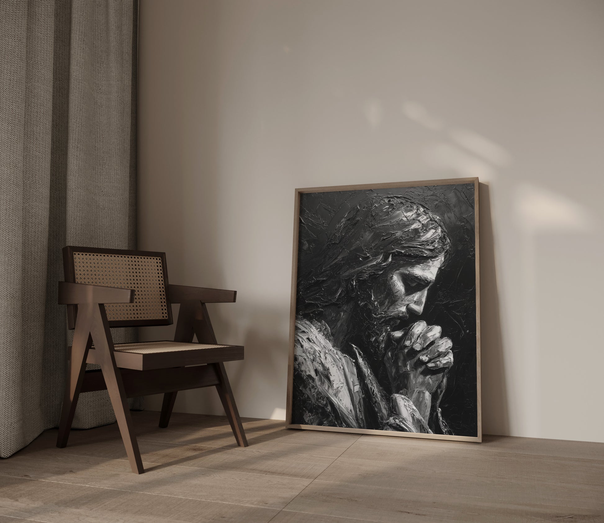 Silent Prayer art print in minimalist living room setting by JesusArtworks