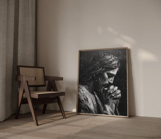 Silent Prayer art print in minimalist living room setting by JesusArtworks