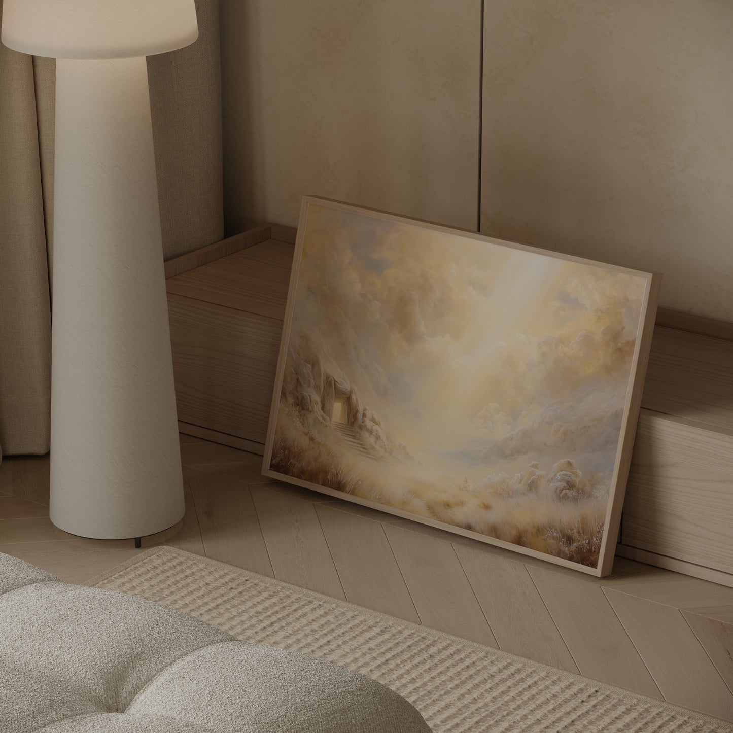 Ethereal impressionist artwork of Christ resurrected in the cave, with soft edges, gentle ochres and creams, and a calm, spiritual glow.