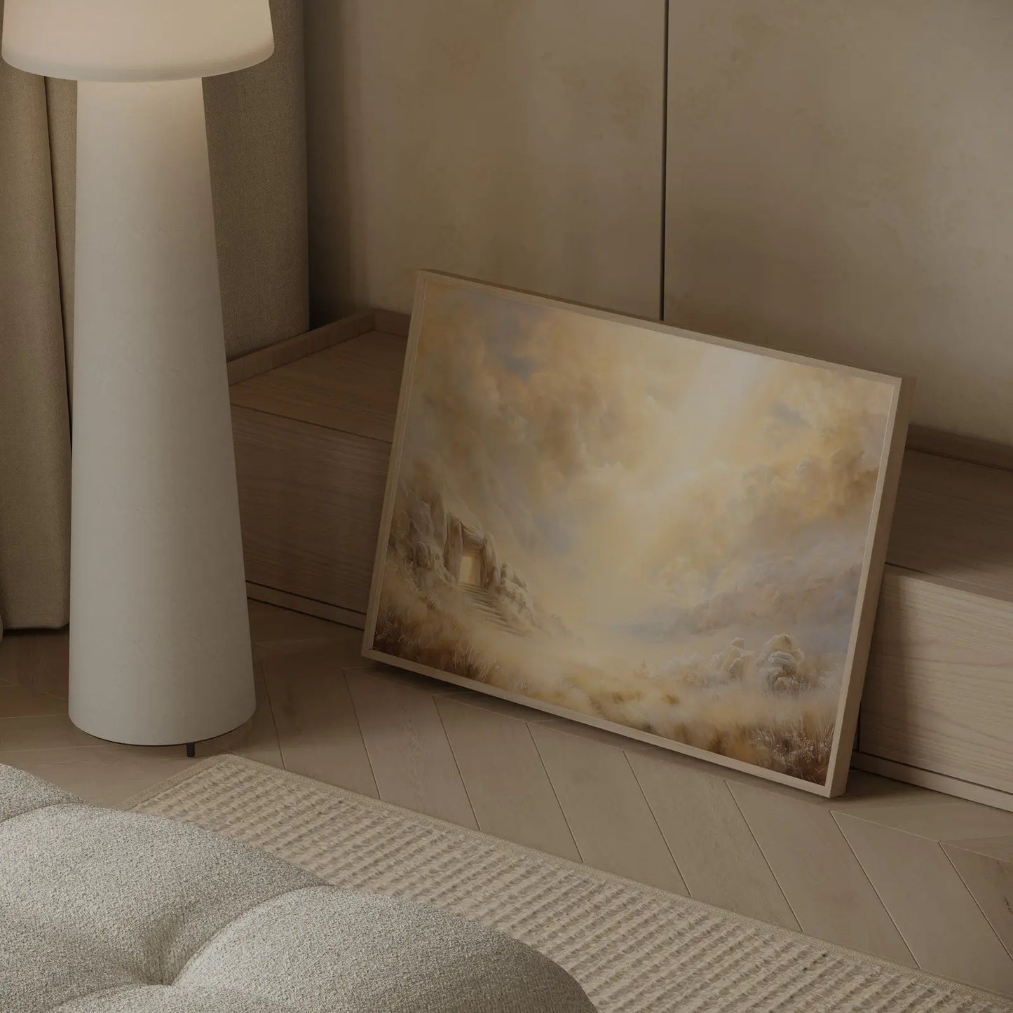 Resurrection of Christ art print resting against wall in cozy neutral interior, empty tomb painting with warm golden tones