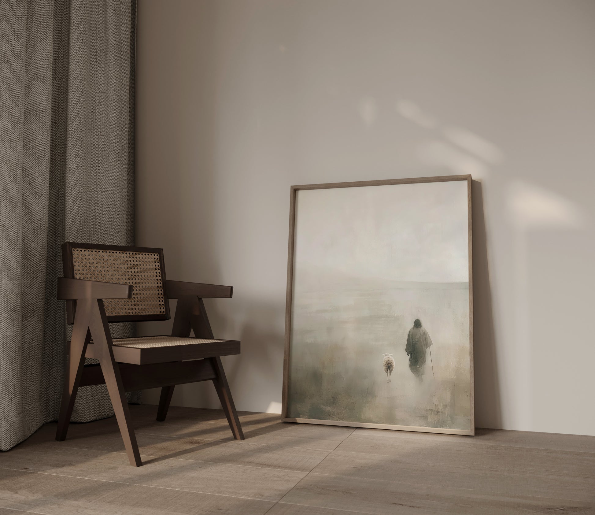 Spiritual minimalist artwork of Christ as the shepherd, walking with a lamb and leaving the 99, rendered in muted creams and taupes with soft, ethereal lighting.