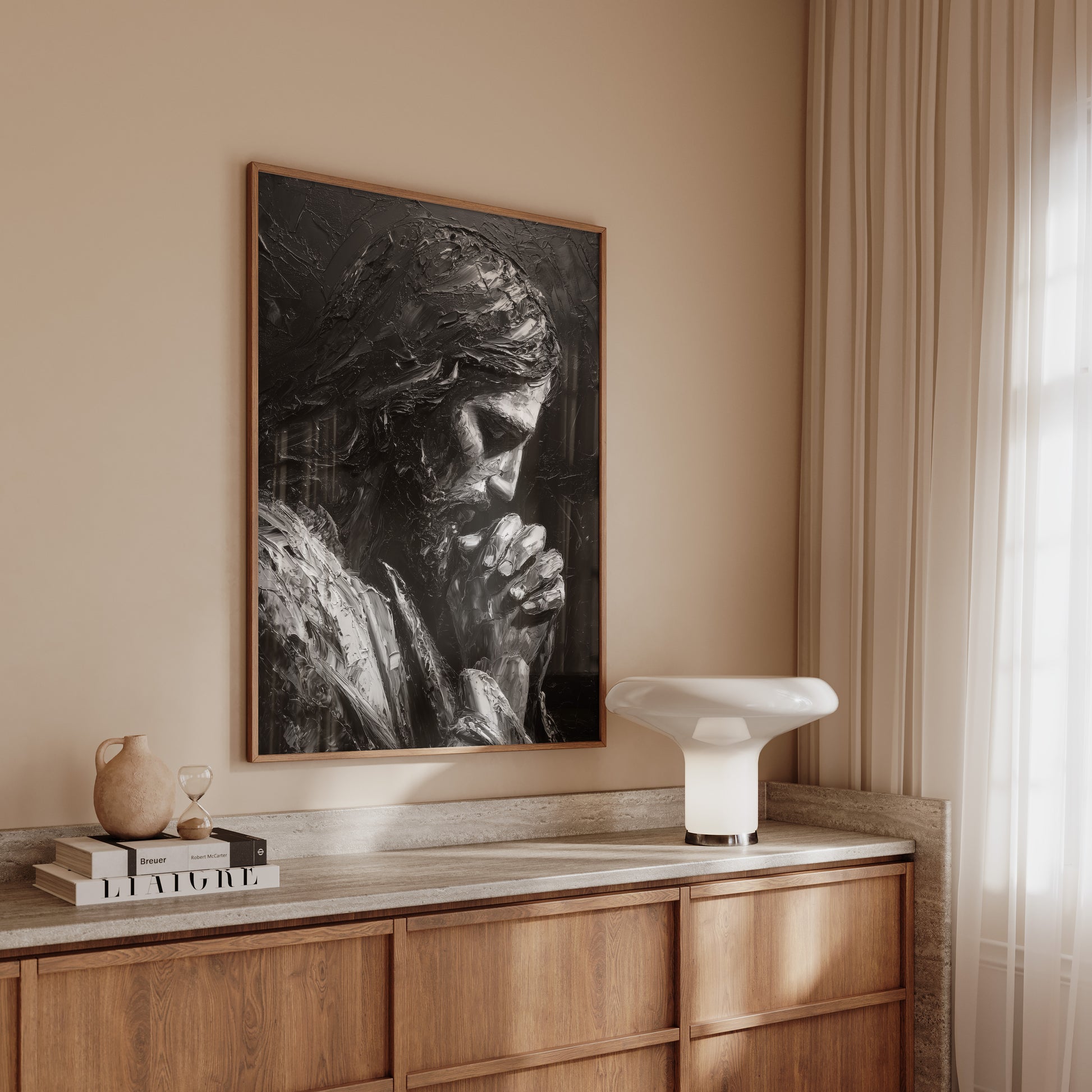 High-contrast modern painting of Christ sitting in prayer, combining impasto texture with chiaroscuro lighting to create a powerful, contemplative scene.