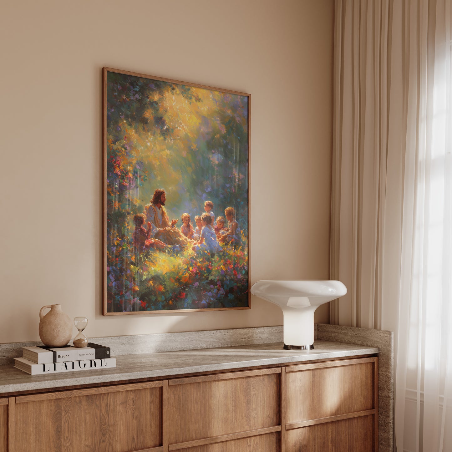 Impressionist garden painting of Christ teaching children, with dappled sunlight, vibrant purples and blues, and blurred edges to create a spiritual, luminous atmosphere.