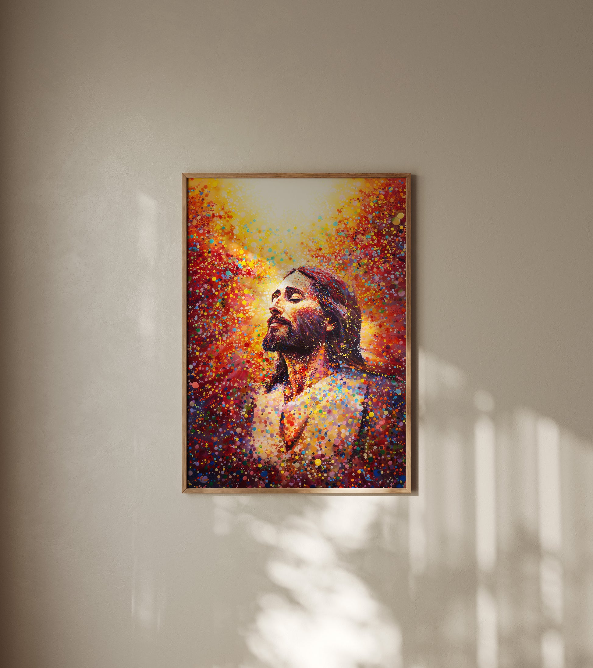 Modern spiritual portrait of Christ with a radiant inner glow, painted in a contemporary impressionist style with soft textures and a calm, reverent atmosphere.