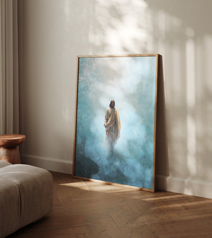 Ethereal modern Christian painting of Christ walking, featuring top-down diffused light, minimalist background, and a soft celestial mood.