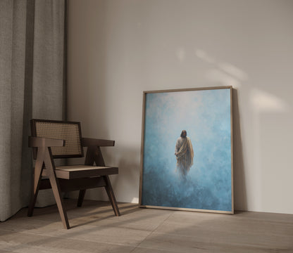 Modern Christian artwork of Christ walking, with diffused heavenly light, powder blue and warm cream tones, and a minimalist, celestial atmosphere.