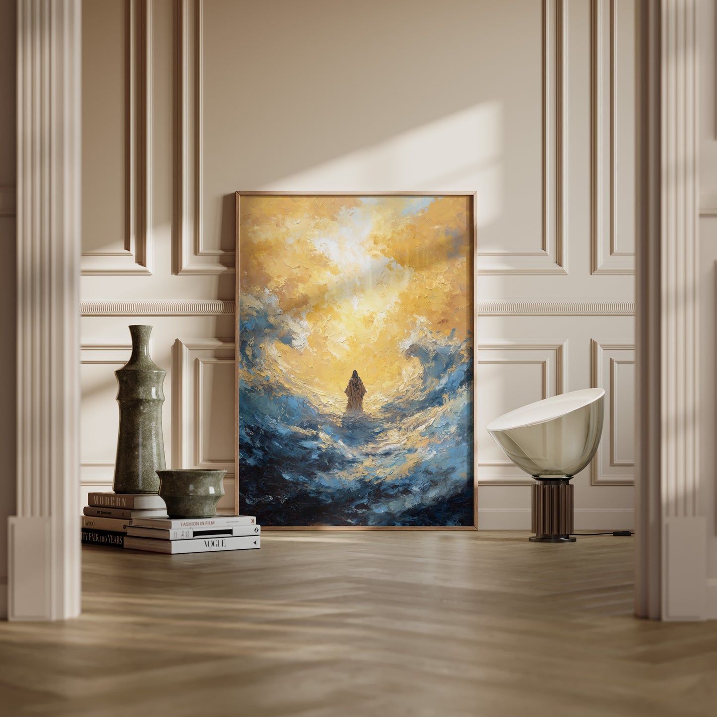 Ethereal impressionist artwork of Christ walking on water, emphasizing light over form with abstract waves, radiant gold highlights, and deep navy shadows.