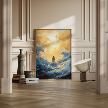 Ethereal impressionist artwork of Christ walking on water, emphasizing light over form with abstract waves, radiant gold highlights, and deep navy shadows.