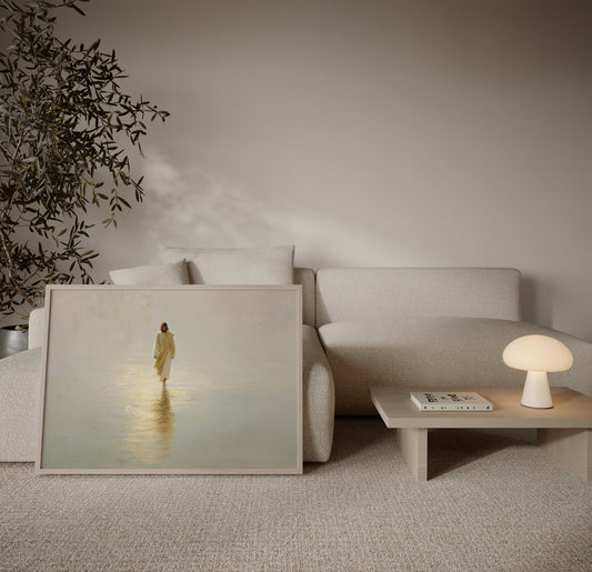 Ethereal impressionist artwork of Christ walking on water, with soft edges, gentle tonal colors, and a calm, sacred atmosphere.