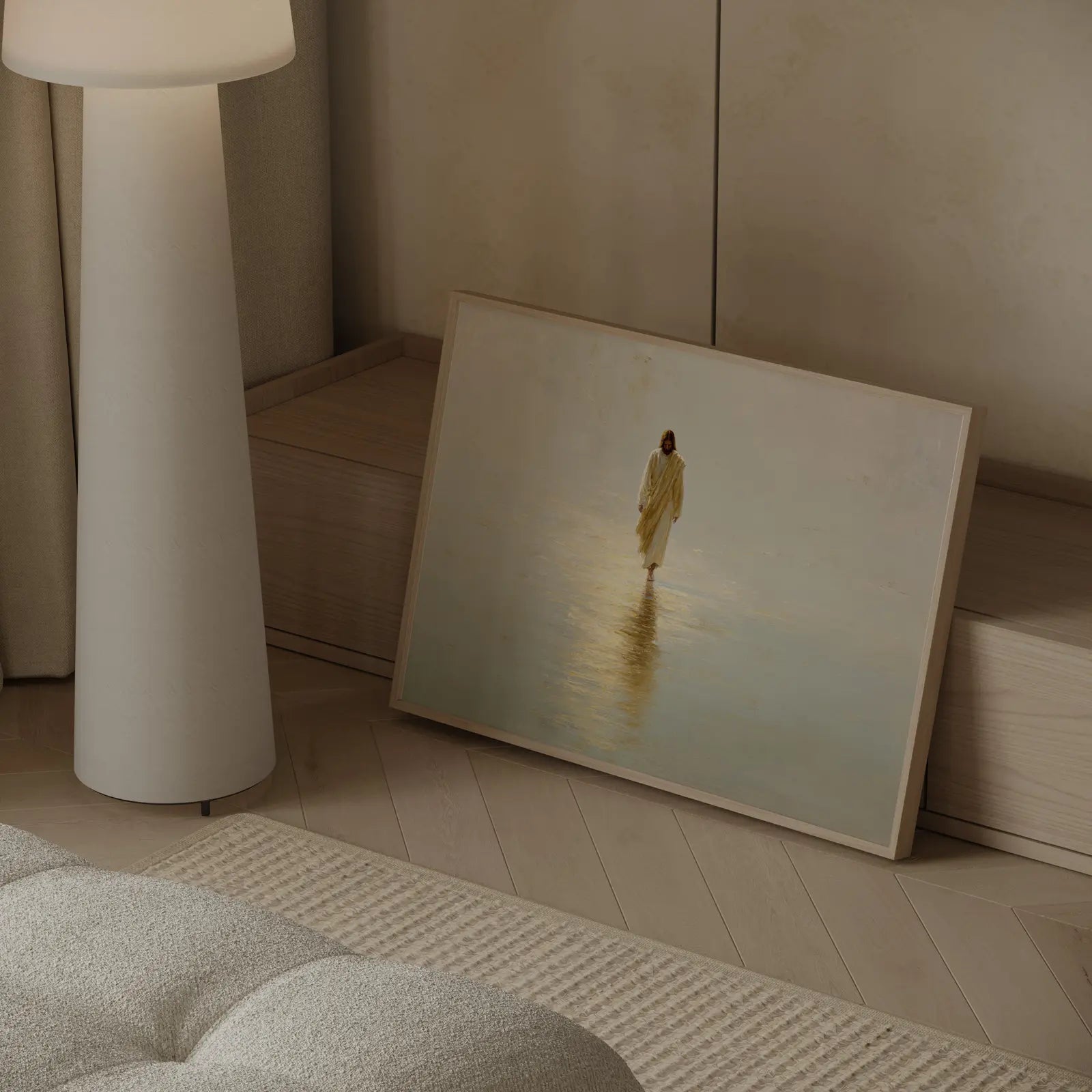 Minimalist Jesus walking on water art with peaceful beige tones in modern living room – JesusArtworks