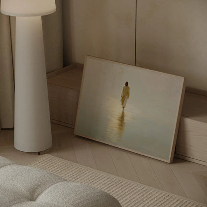 Minimalist Jesus walking on water art with peaceful beige tones in modern living room – JesusArtworks