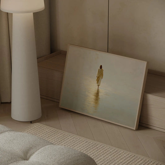 Minimalist Jesus walking on water art with peaceful beige tones in modern living room – JesusArtworks