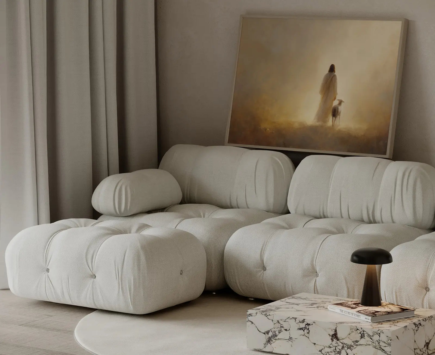 Faith-based housewarming gift, peaceful landscape painting of Christ and a lamb