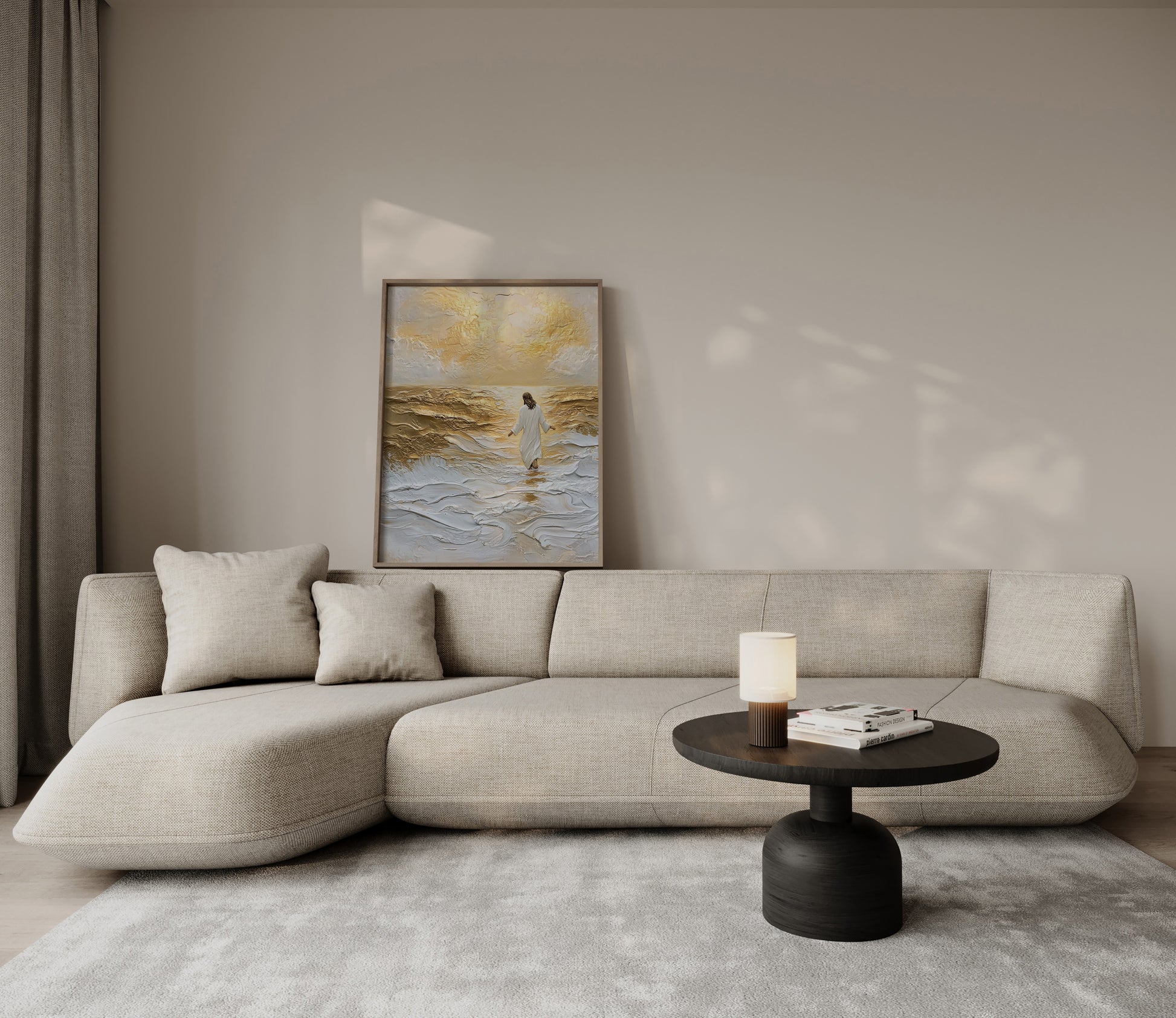 Contemporary Christian painting of Jesus walking on water, featuring soft textures, muted warm palette, and serene ethereal light.