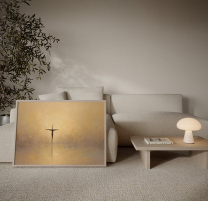 Christian art print of the cross illuminated by golden light, symbolizing faith, hope, and devotion