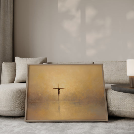 Christian art print depicting Jesus on the cross in soft golden tones with a minimalist, serene style