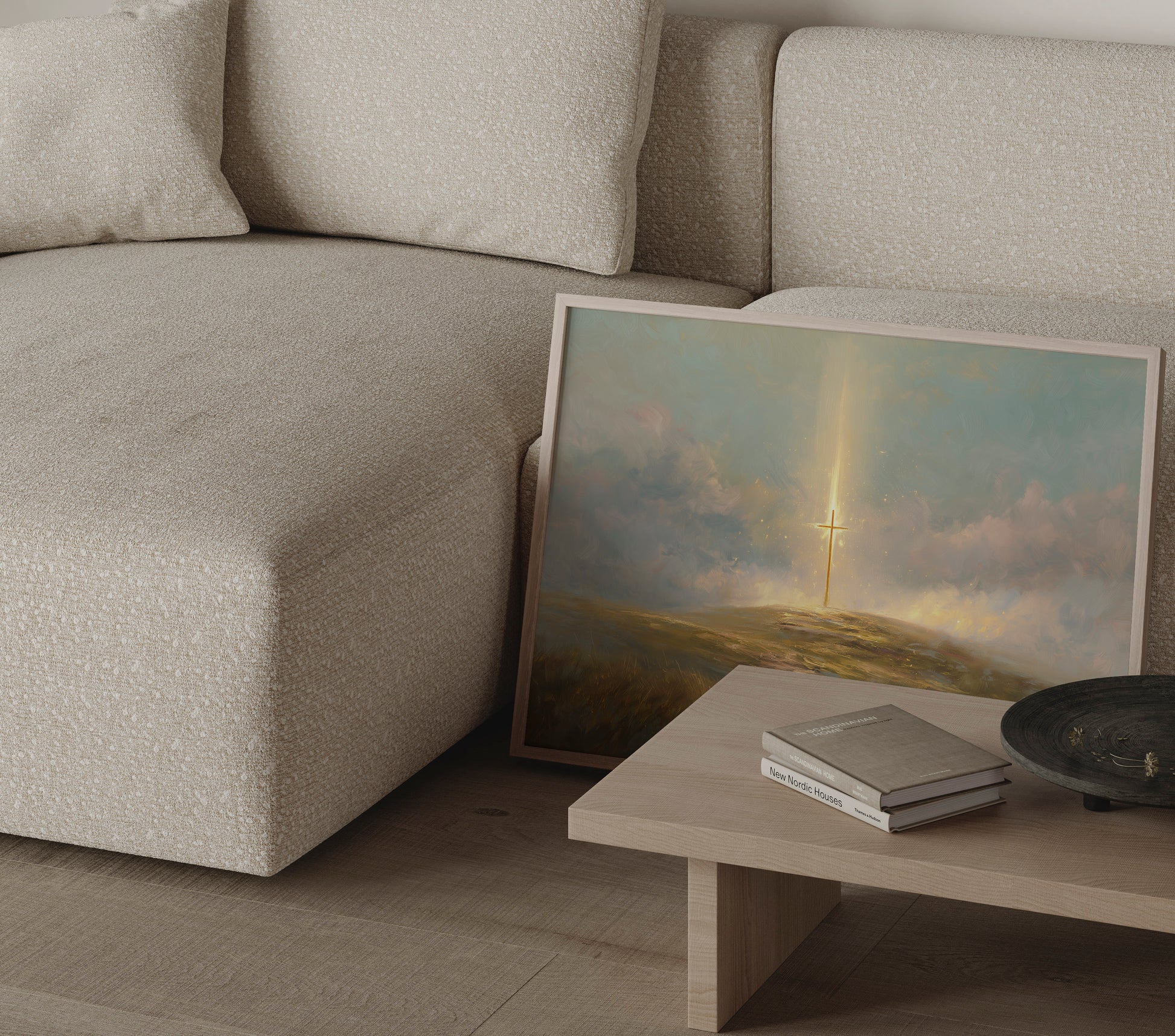 Ethereal tonalist painting of the Christian cross, with soft-focus textures, muted teals and golds, and luminous spiritual glow in the surrounding sky.