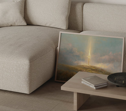 Ethereal tonalist painting of the Christian cross, with soft-focus textures, muted teals and golds, and luminous spiritual glow in the surrounding sky.