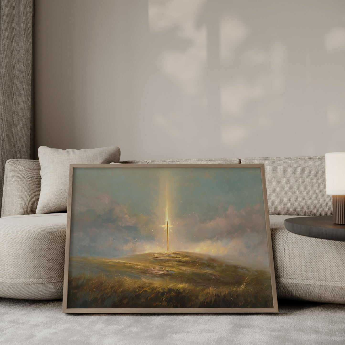 Modern impressionist painting of the Christian cross, featuring soft tonal colors, textured brushstrokes, and ethereal light radiating from the cross.