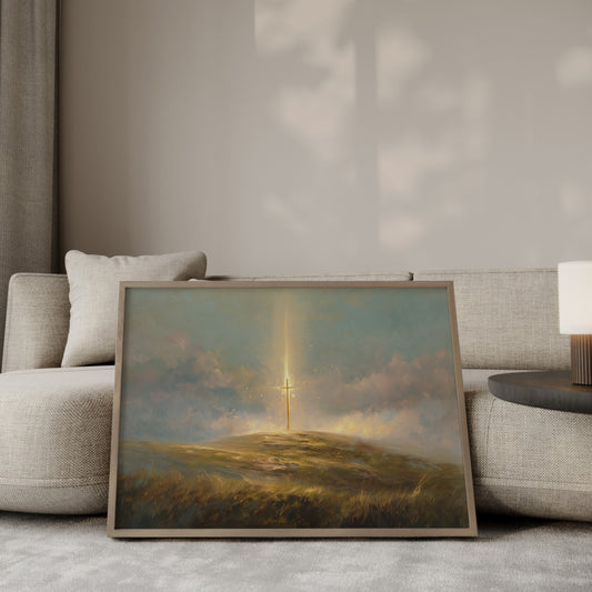 Modern impressionist painting of the Christian cross, featuring soft tonal colors, textured brushstrokes, and ethereal light radiating from the cross.