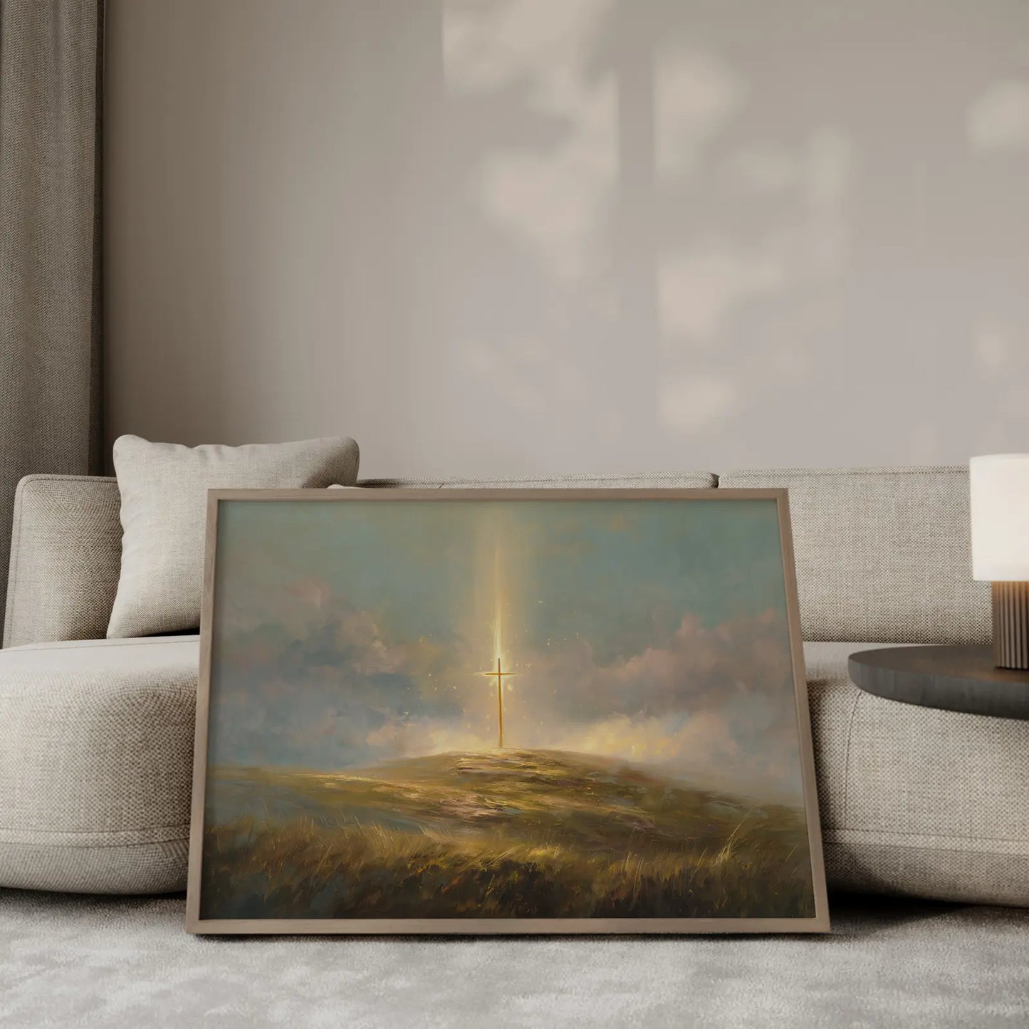 The Golden Cross with heavenly light beam shining on cross in meadow Christian wall art – JesusArtworks