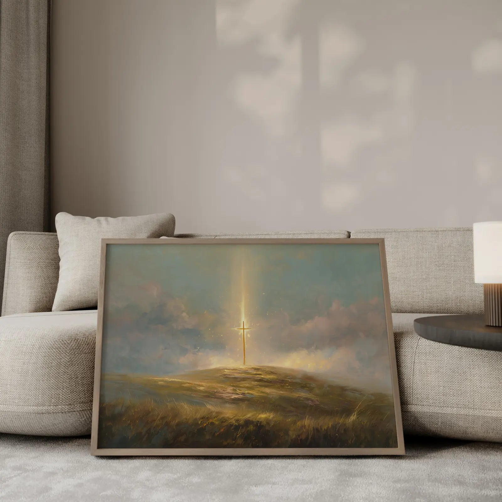 The Golden Cross with heavenly light beam shining on cross in meadow Christian wall art – JesusArtworks