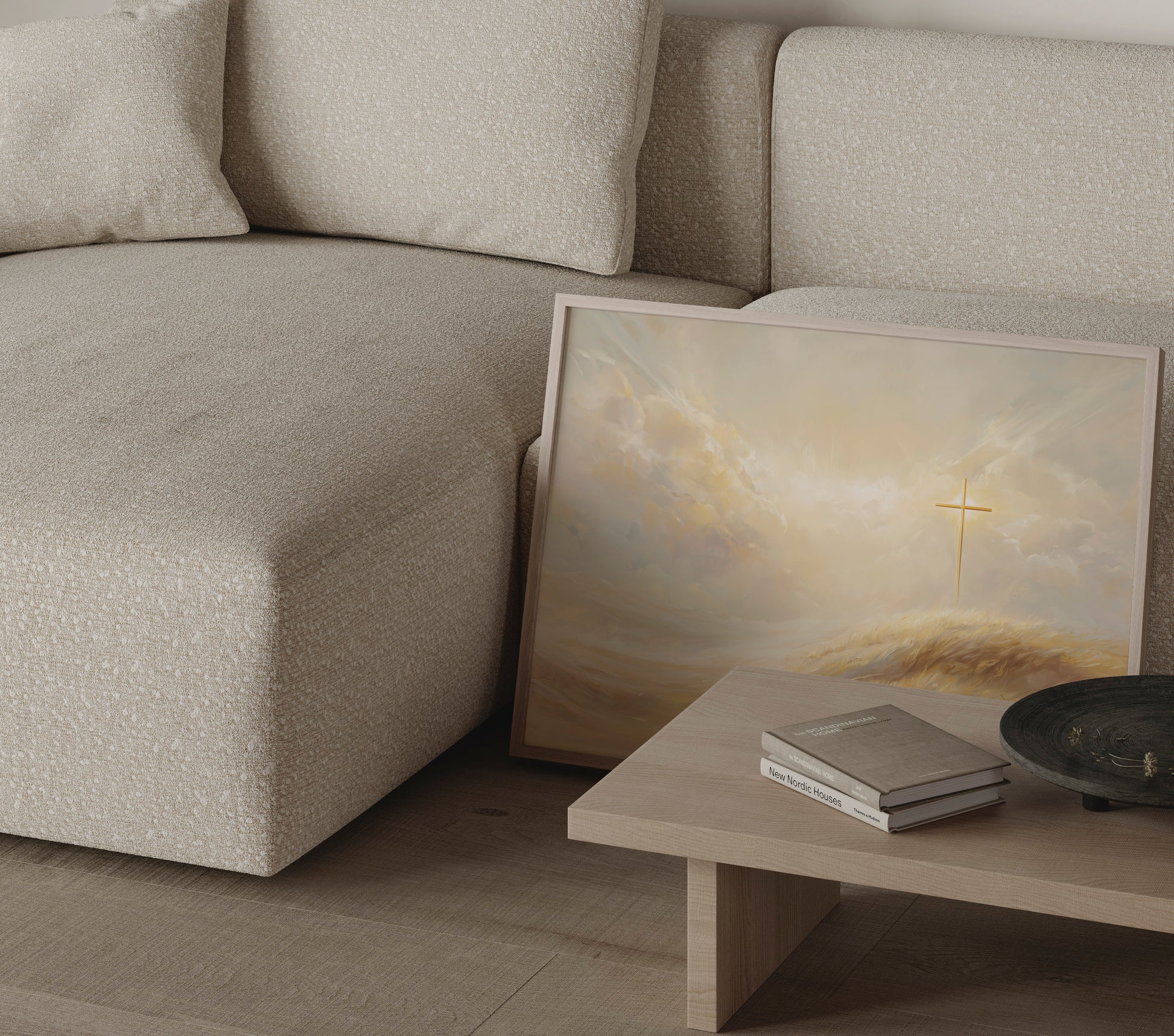 Ethereal modern painting of the Christian cross on a hill, featuring soft impressionist brushwork, warm neutral tones, and luminous spiritual glow.
