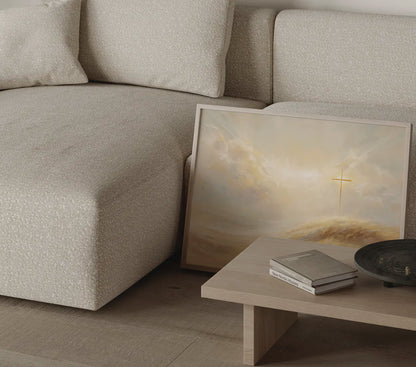 Hopeful Easter cross with divine promise and radiant golden tones for sanctuary decor – JesusArtworks