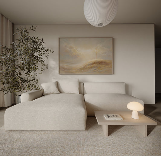 Modern impressionist painting of the Christian cross on a hill, featuring soft tonal colors, ethereal light, and serene spiritual atmosphere.